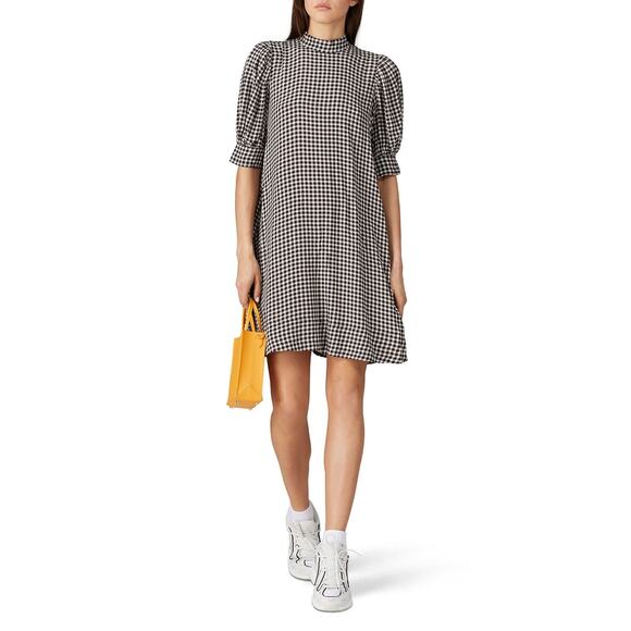 Ganni Gingham Mini Dress Size 36 Black White Crepe Puff Sleeve Lightweight - Picture 2 of 14